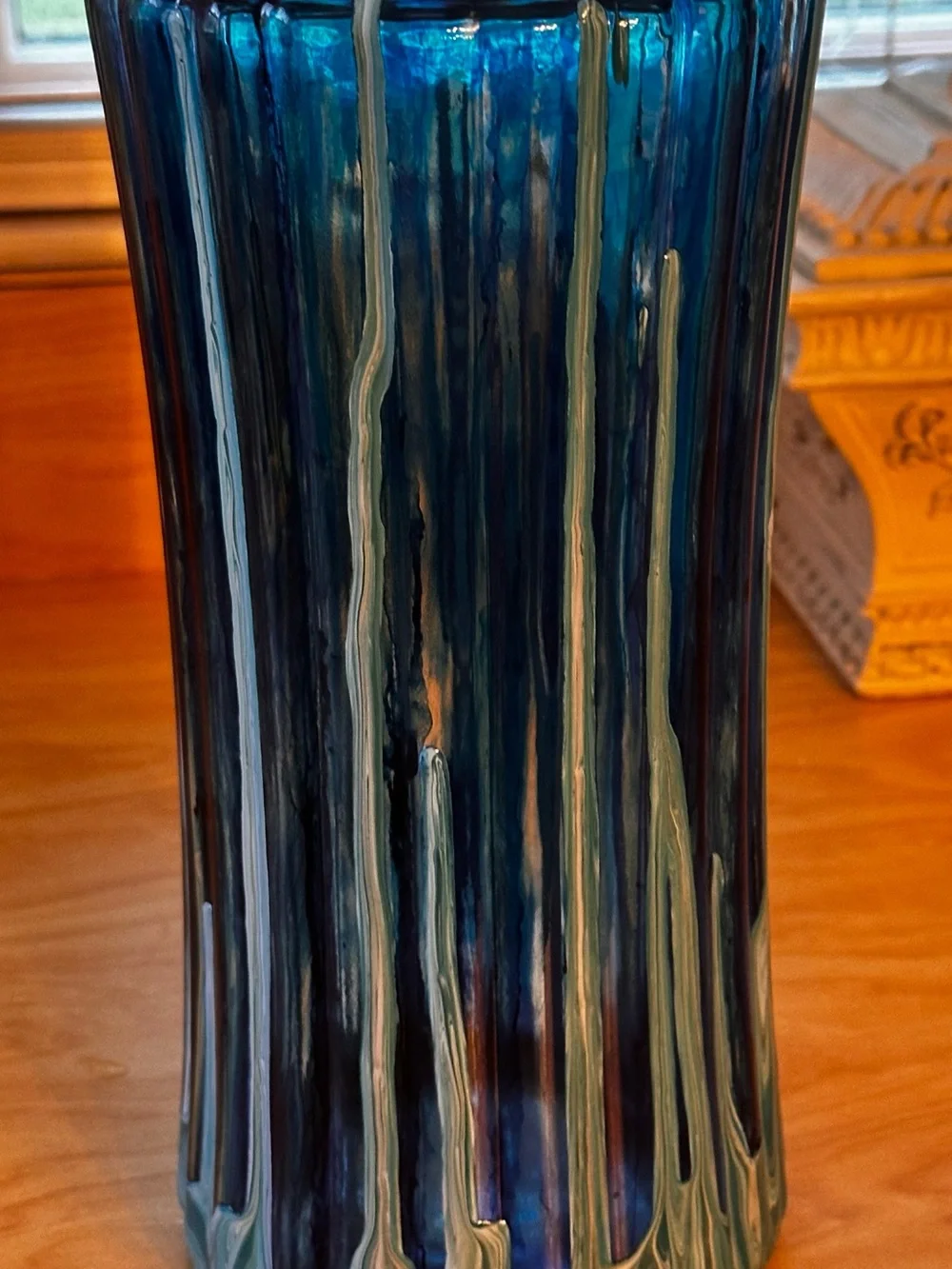 Hand crafted Blue abstract Glass Decorative Vase with Silver lid